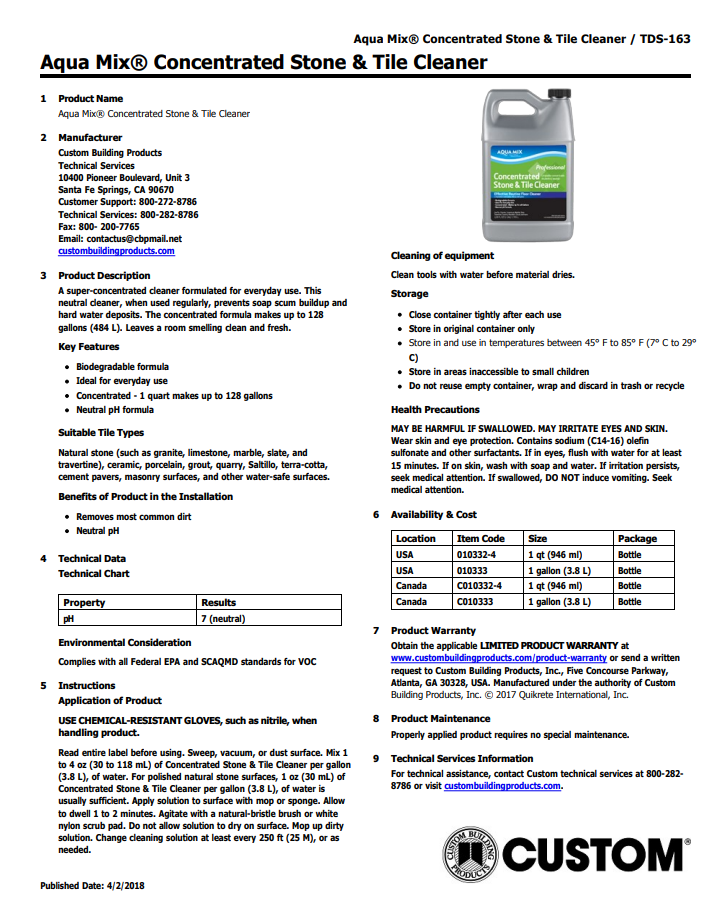 Concentrated Stone & Tile Cleaner Data Sheet